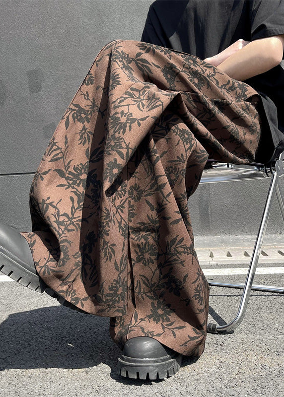 Stylish Coffee Pockets Print Cotton Wide Leg Pants Summer