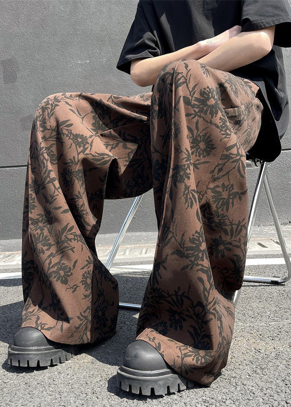 Stylish Coffee Pockets Print Cotton Wide Leg Pants Summer
