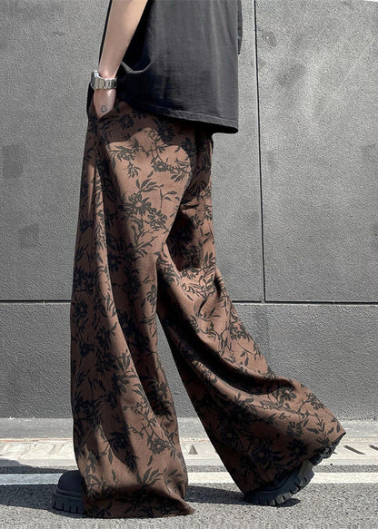 Stylish Coffee Pockets Print Cotton Wide Leg Pants Summer