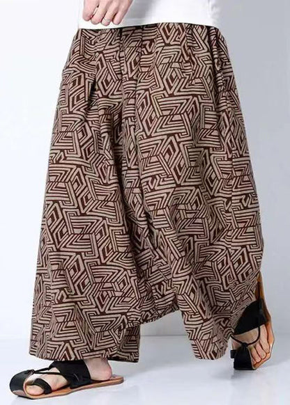 Stylish Coffee Print Pockets Cotton Harem Pants Summer