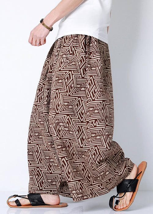 Stylish Coffee Print Pockets Cotton Harem Pants Summer