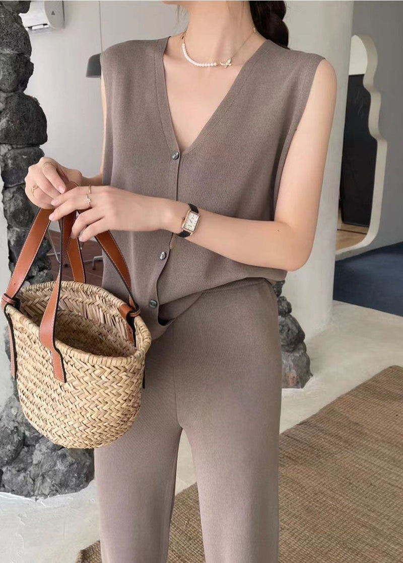 Stylish Coffee V Neck Tops and Pants Knit Two Piece Set Summer