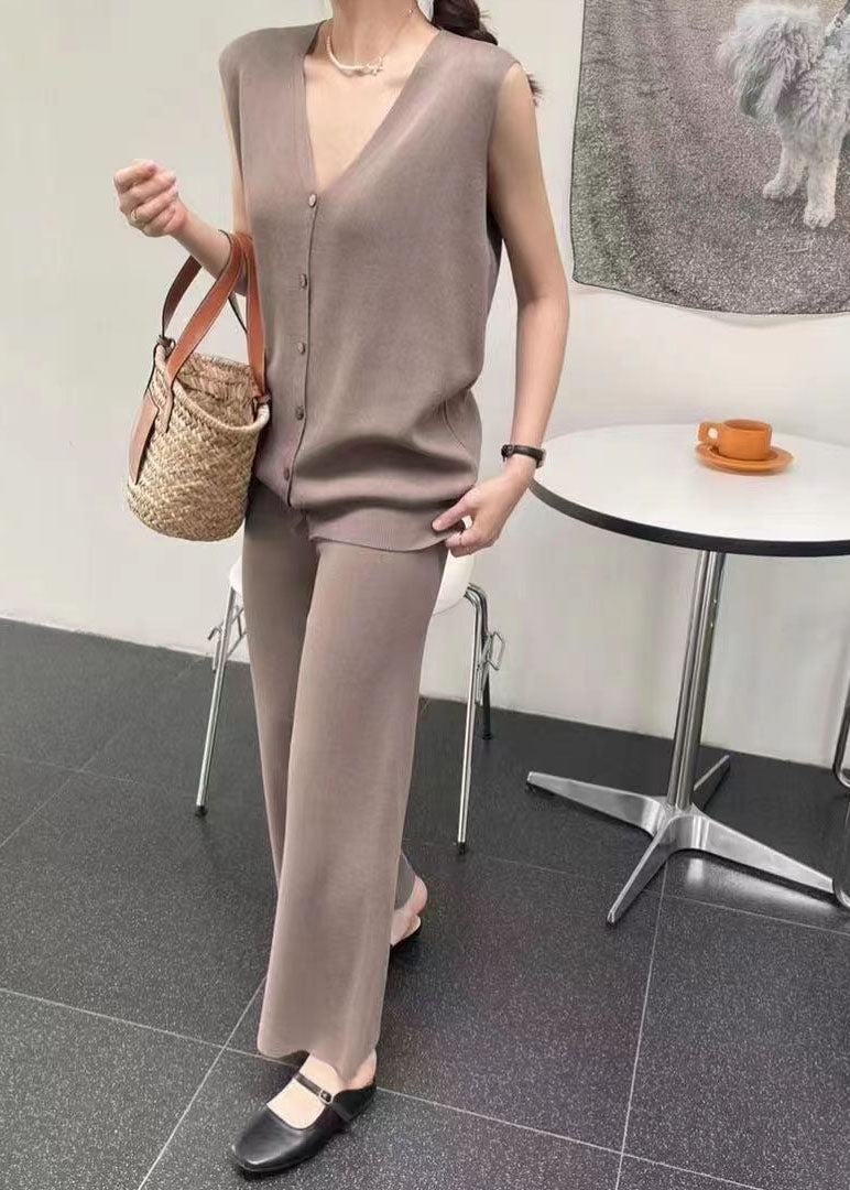Stylish Coffee V Neck Tops and Pants Knit Two Piece Set Summer