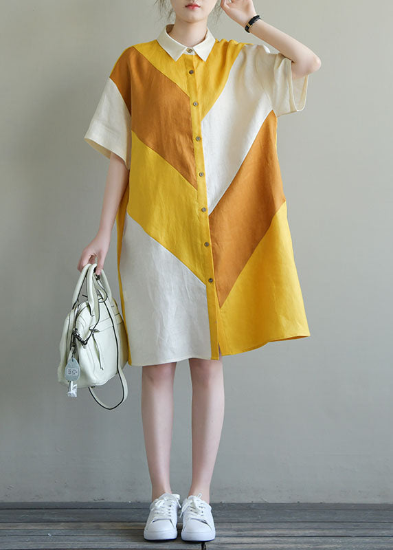 Stylish Colorblock Button Peter Pan Collar Patchwork Multi Cotton a Line Dress Short Sleeve