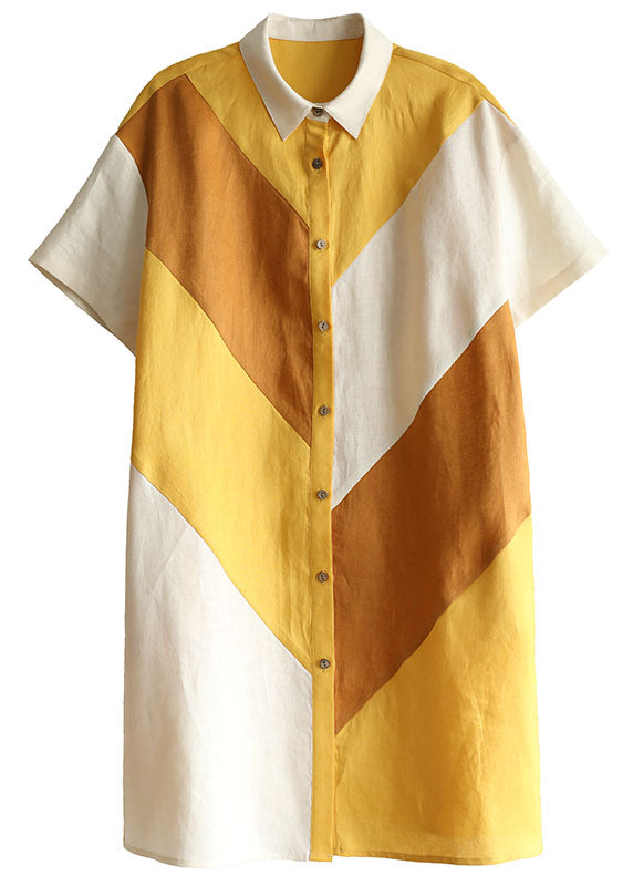 Stylish Colorblock Button Peter Pan Collar Patchwork Multi Cotton a Line Dress Short Sleeve