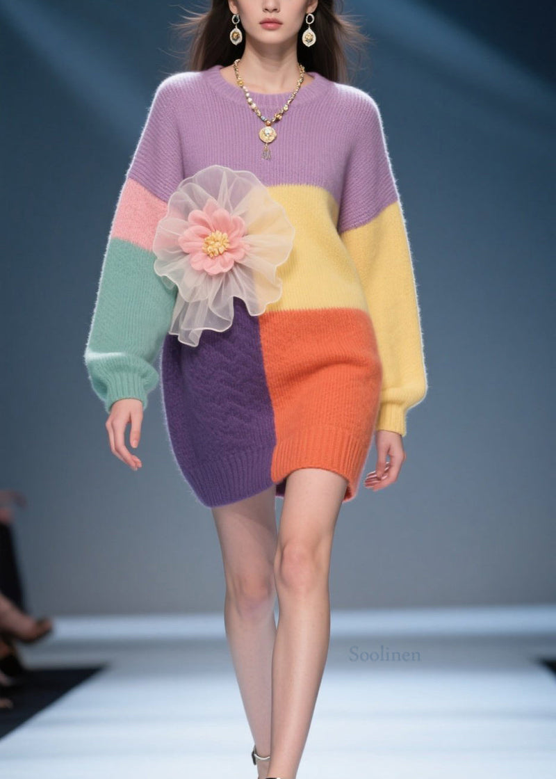 Stylish Colorblock O Neck Knit Sweater Dress Fall