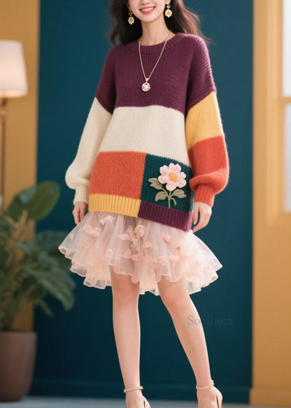 Stylish Colorblock O Neck Knit Sweaters Fall
