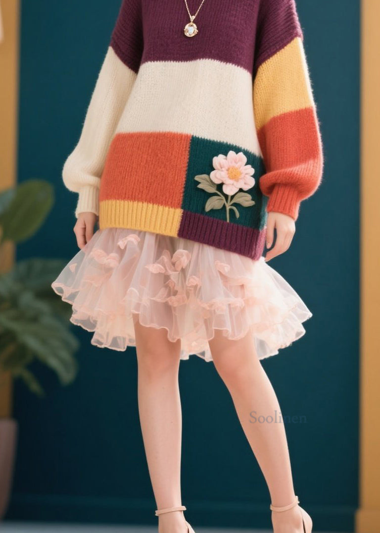 Stylish Colorblock O Neck Knit Sweaters Fall