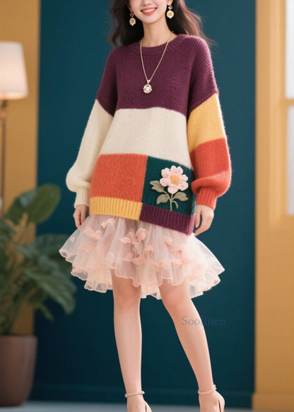 Stylish Colorblock O Neck Knit Sweaters Fall