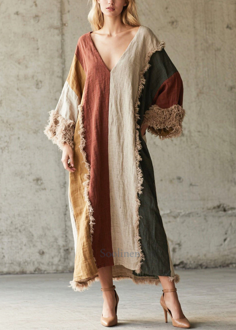 Stylish Colorblock Oversized Patchwork Faux Fur Maxi Dress Fall