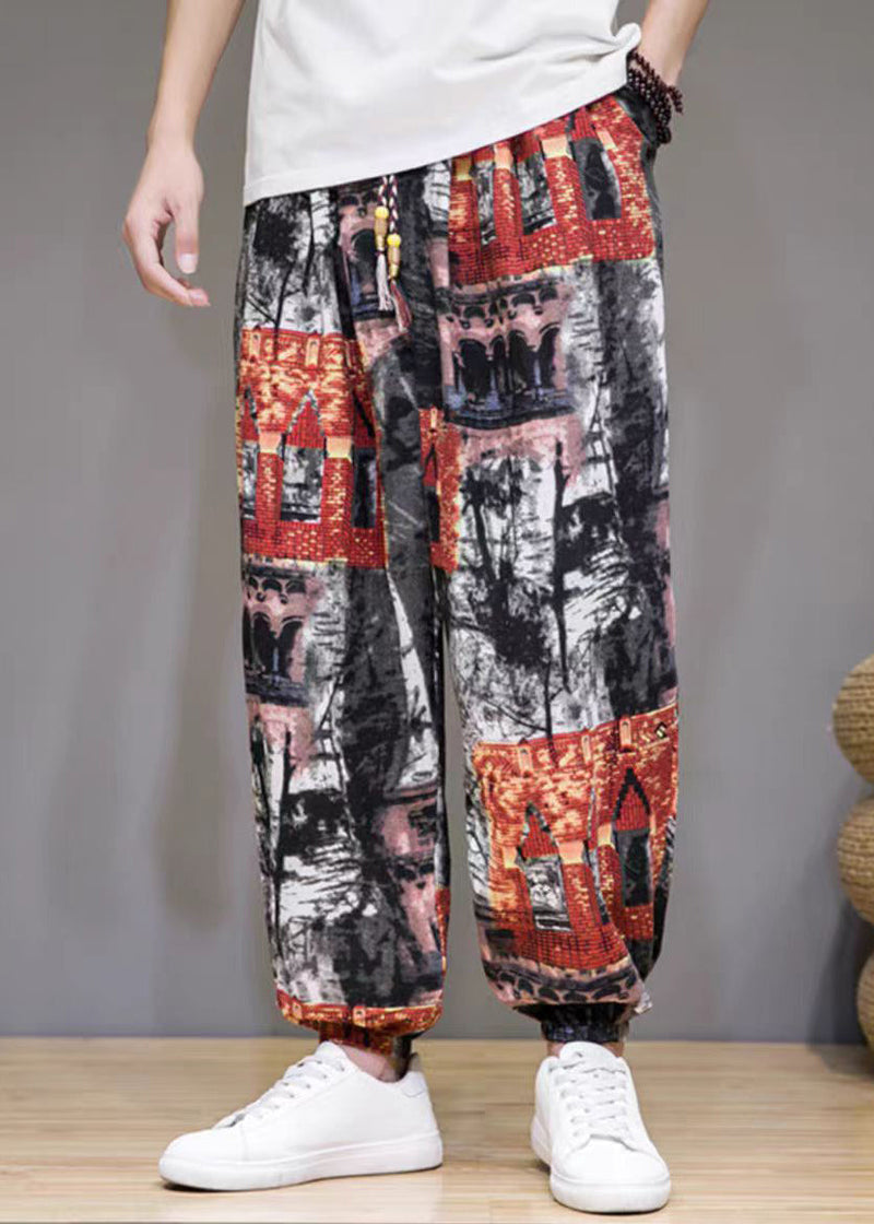 Stylish Colorblock Print Pockets High Waist Cotton Beam Pants Summer