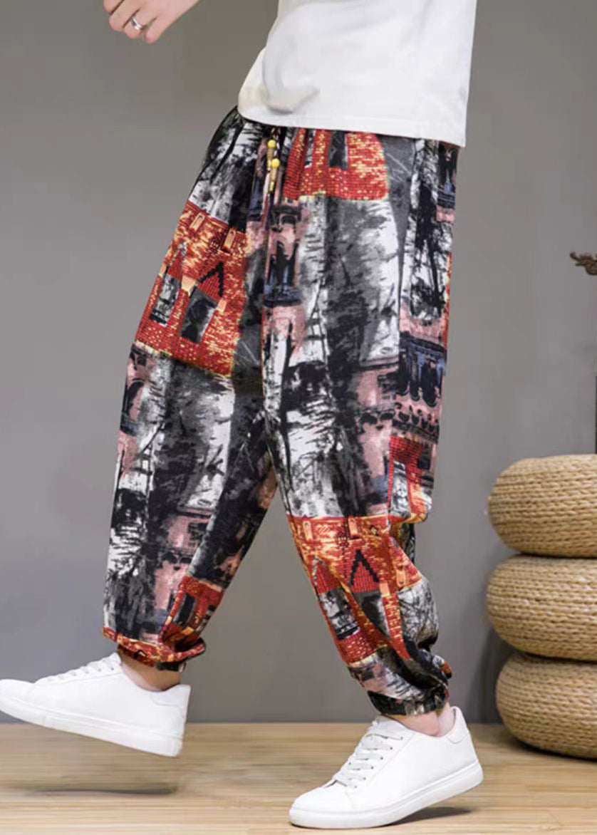 Stylish Colorblock Print Pockets High Waist Cotton Beam Pants Summer