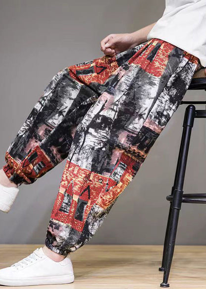 Stylish Colorblock Print Pockets High Waist Cotton Beam Pants Summer
