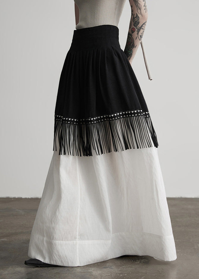 Stylish Colorblock Tasseled Patchwork Cotton Skirt Spring