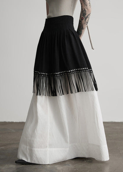 Stylish Colorblock Tasseled Patchwork Cotton Skirt Spring