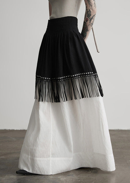 Stylish Colorblock Tasseled Patchwork Cotton Skirt Spring