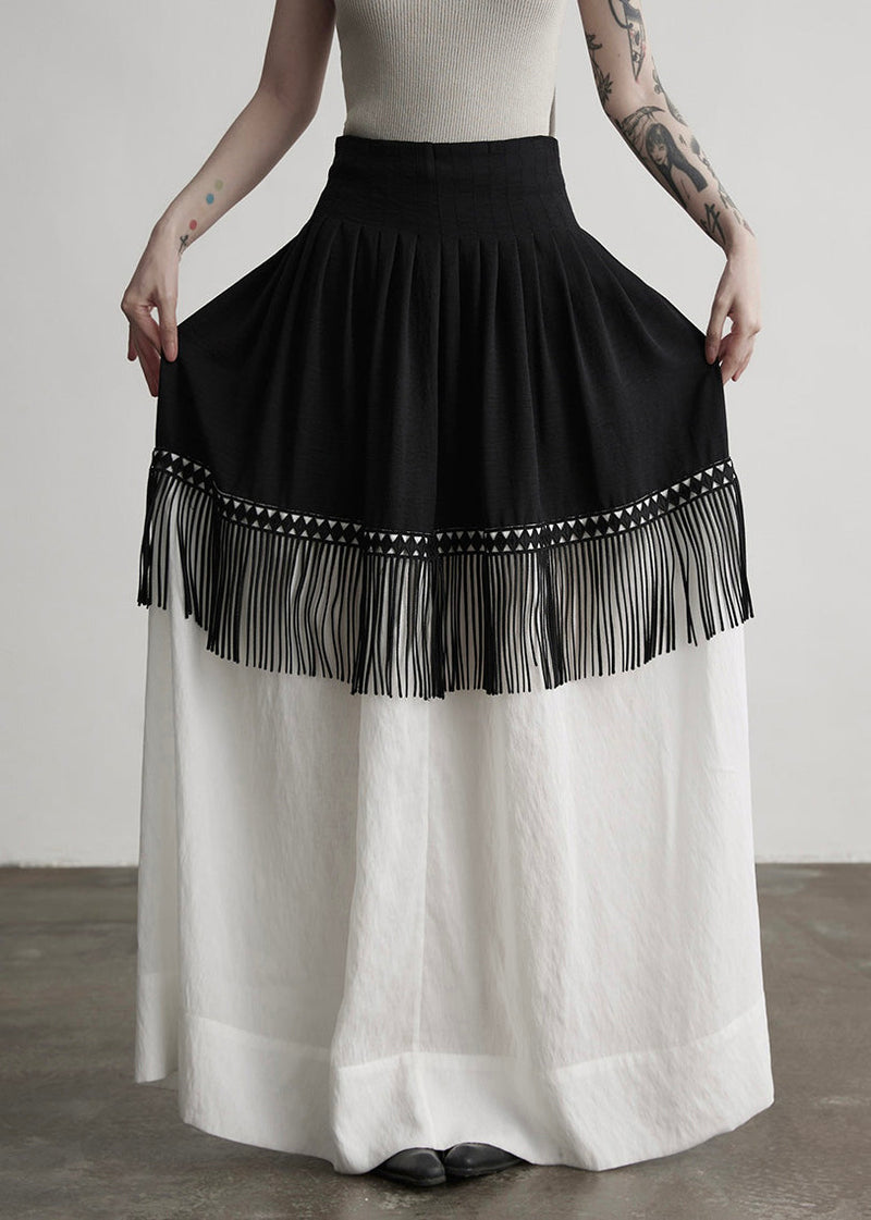 Stylish Colorblock Tasseled Patchwork Cotton Skirt Spring