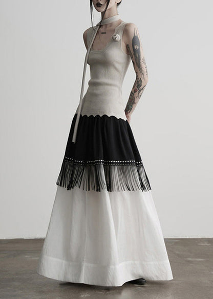 Stylish Colorblock Tasseled Patchwork Cotton Skirt Spring