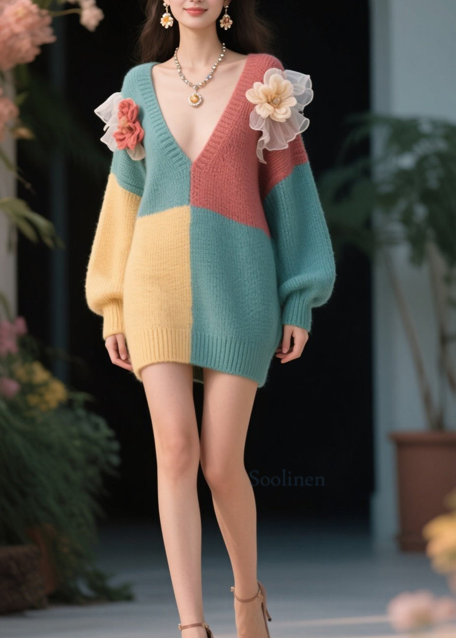 Stylish Colorblock V Neck Knit Sweater Dress Fall