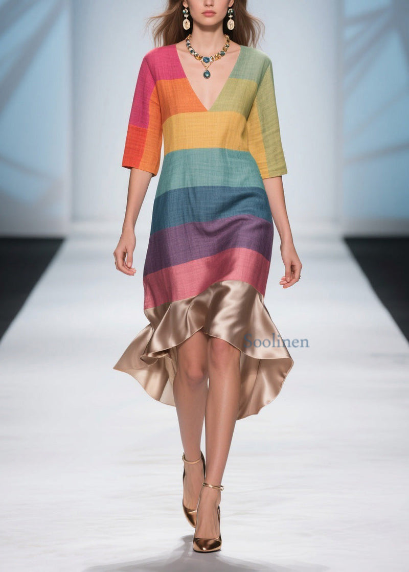 Stylish Colorblock V Neck Patchwork Linen Silk Dresses Summer