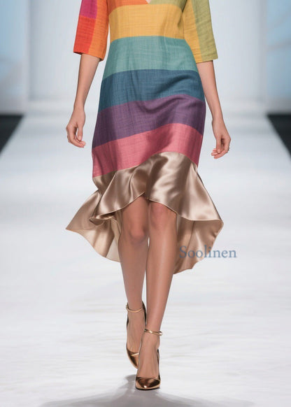Stylish Colorblock V Neck Patchwork Linen Silk Dresses Summer
