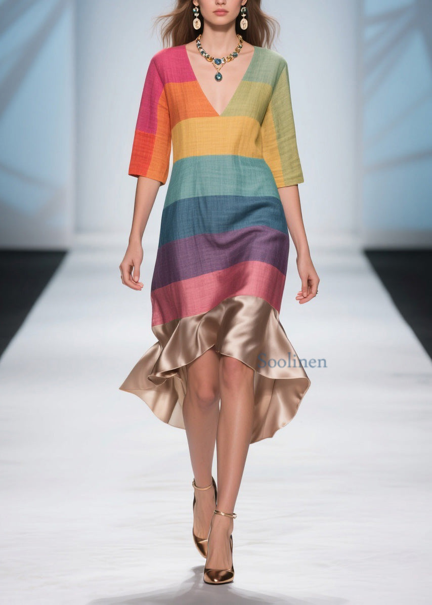 Stylish Colorblock V Neck Patchwork Linen Silk Dresses Summer