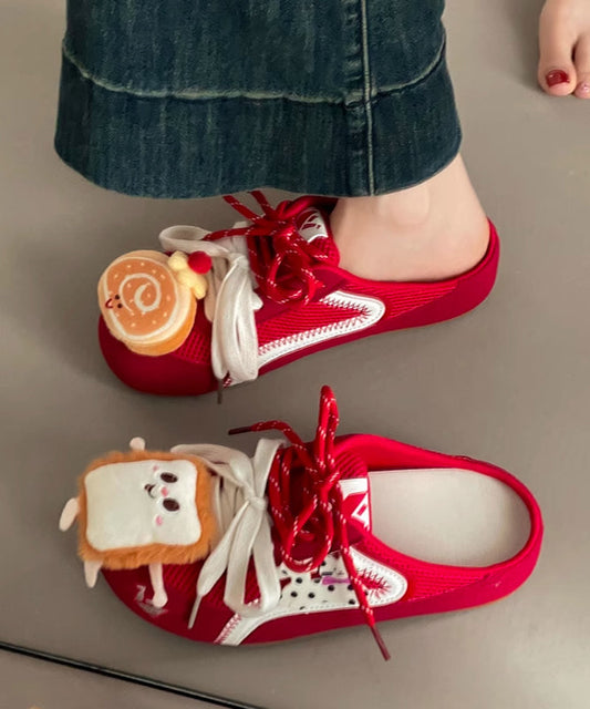 Stylish Red Lace Up Breathable Mesh Slide Sandals