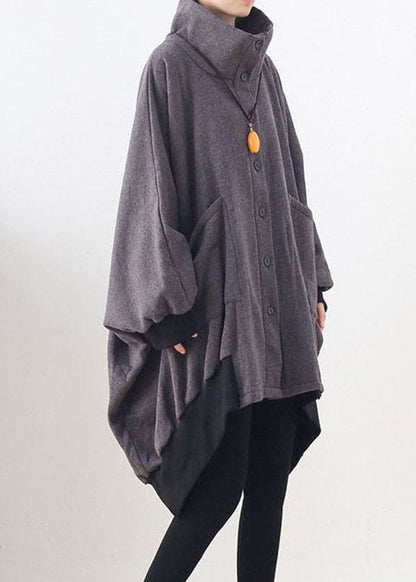 Stylish Dark Gray Pockets Button Knit Asymmetrical Design Fall Loose Sweatshirts Coat