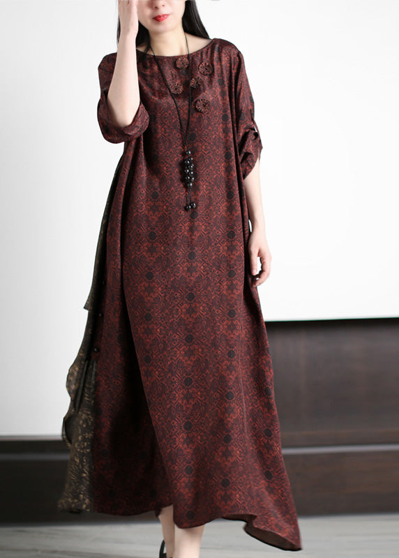 Stylish Dark Red O-neck Print Silk Maxi Dress Summer