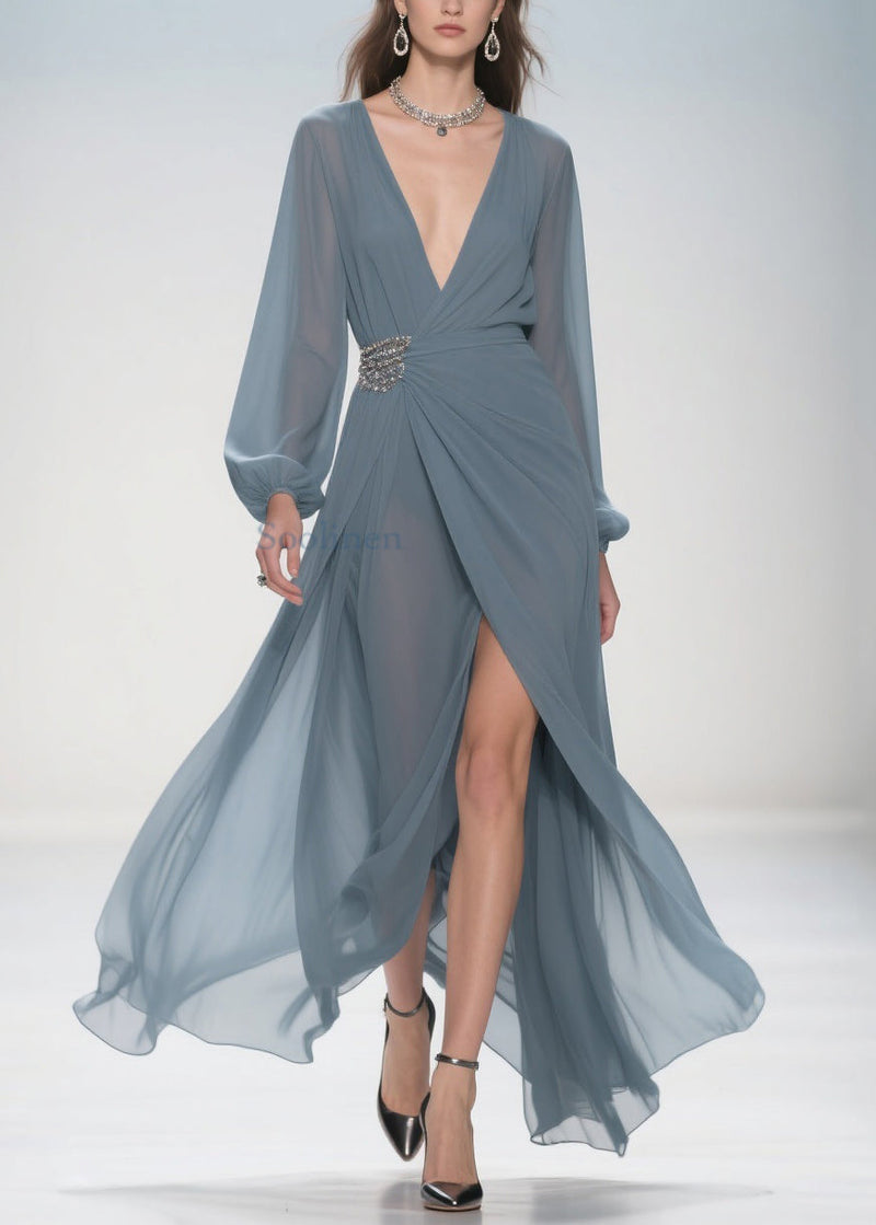 Stylish Deep Smoggy Blue V Neck Wrinkled Side Open Party Dress Spring