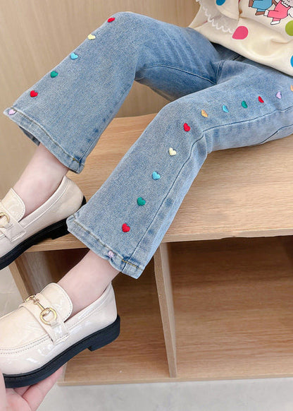 Stylish Denim Blue Patchwork Pockets Kids Crop Flared Pants Spring