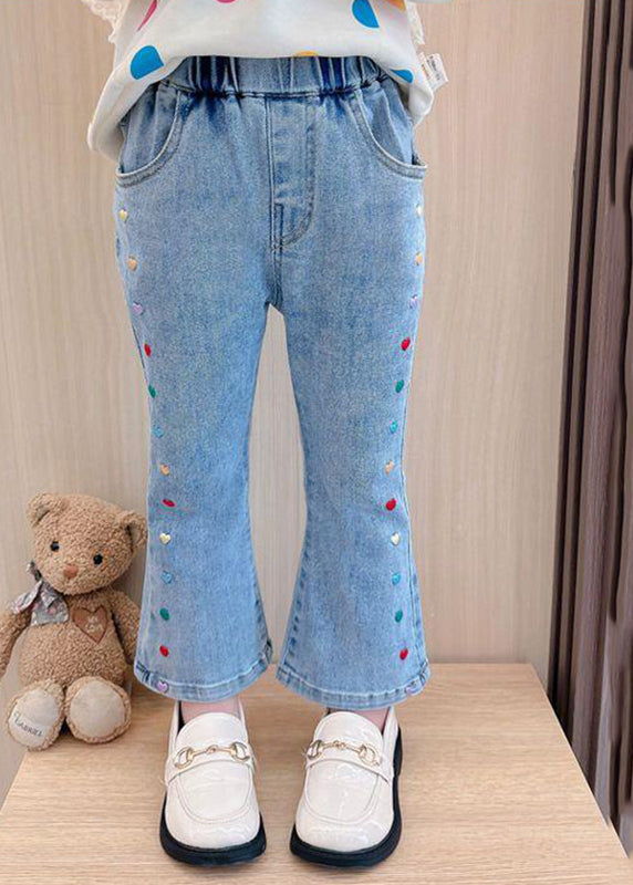 Stylish Denim Blue Patchwork Pockets Kids Crop Flared Pants Spring