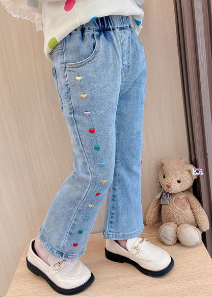 Stylish Denim Blue Patchwork Pockets Kids Crop Flared Pants Spring