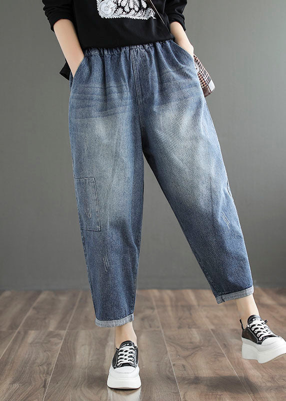 Stylish Denim Blue Color Elastic Waist Pockets Patchwork Applique Cotton Harem Pants Summer