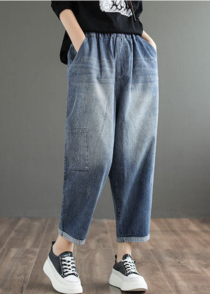 Stylish Denim Blue Color Elastic Waist Pockets Patchwork Applique Cotton Harem Pants Summer