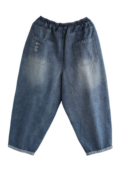 Stylish Denim Blue Color Elastic Waist Pockets Patchwork Applique Cotton Harem Pants Summer