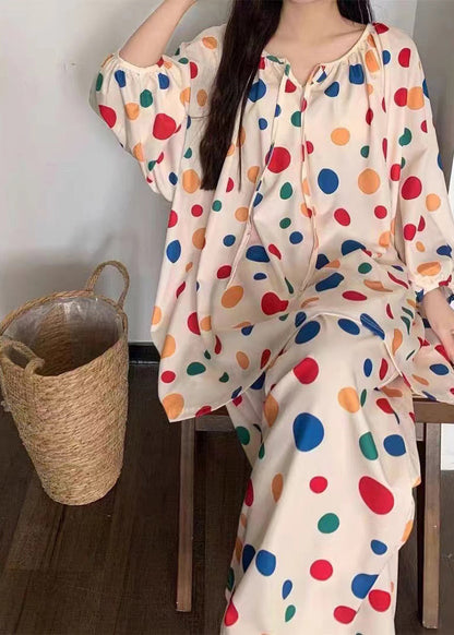 Stylish Dot Lace Up Cotton Tops and Pants Pajamas Two Pieces Set Fall