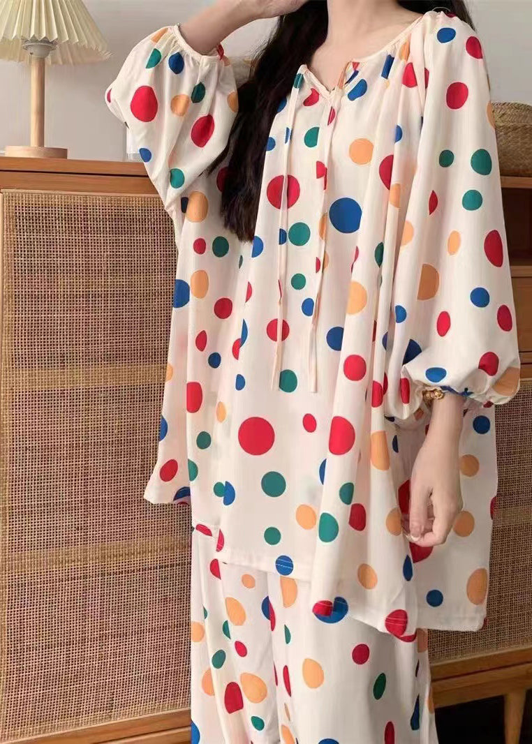 Stylish Dot Lace Up Cotton Tops and Pants Pajamas Two Pieces Set Fall