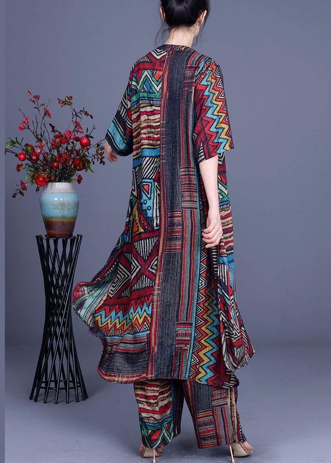 Stylish Geometric Printsilk Long Shirts Wide Leg Two Piece Suit Set