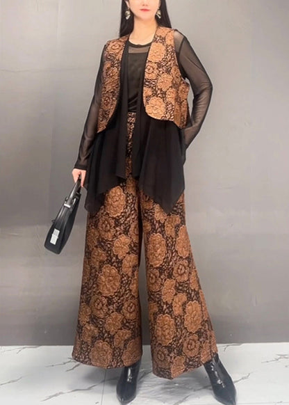 Stylish Gold Tulle Patchwork Coats and Wide Leg Pants Two Piece Set Spring