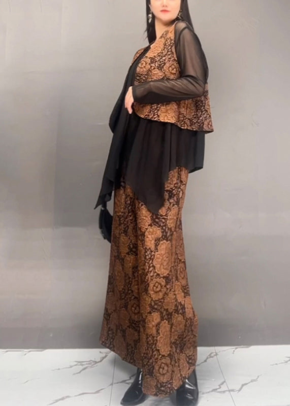 Stylish Gold Tulle Patchwork Coats and Wide Leg Pants Two Piece Set Spring
