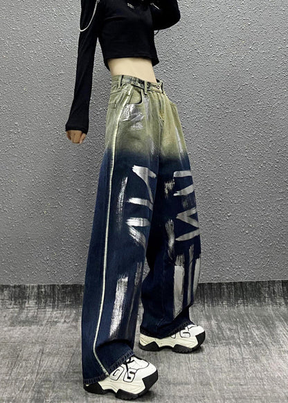 Stylish Gradient Blue Pockets Letter Denim Wide Leg Pants Fall