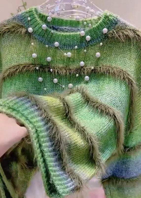 Stylish Gradient Color Green O-neck Striped Cozy Cotton Knit Sweaters Winter