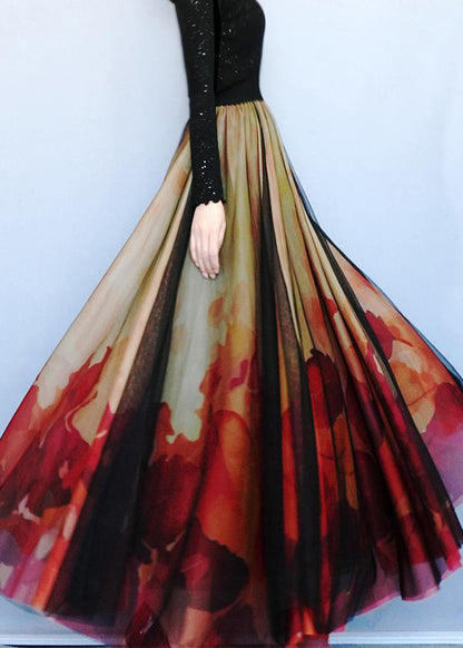 Stylish Gradient Color Print High Waist Tulle Skirts Spring