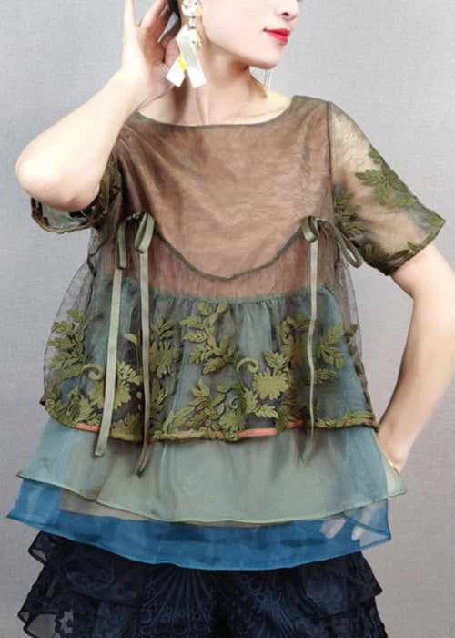Stylish Green Embroidered Patchwork Tulle T Shirts Summer