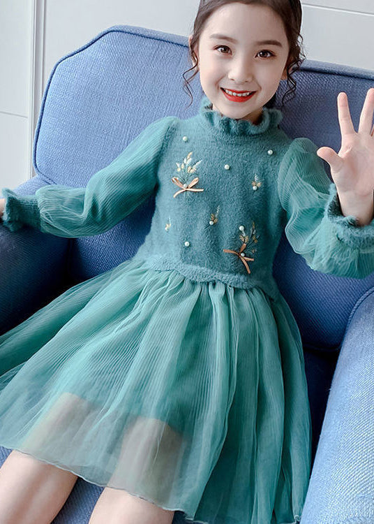 Stylish Green Embroideried Nail Bead Patchwork Tulle Kids Dresses Fall