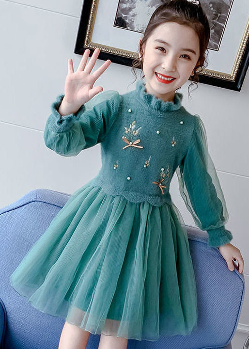 Stylish Green Embroideried Nail Bead Patchwork Tulle Kids Dresses Fall