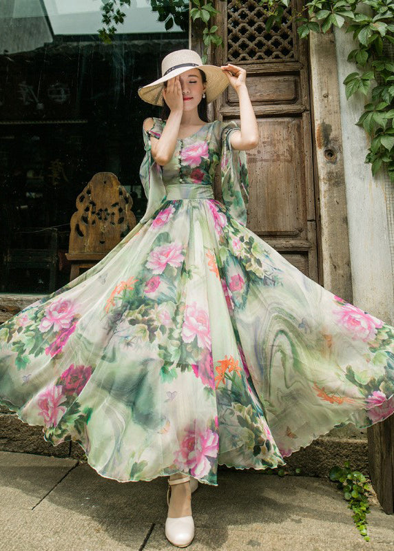 Stylish Green V Neck Chiffon Beach Long Dresses Flared Sleeve