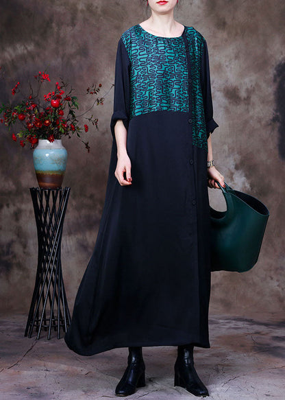 Stylish Green O-neck Asymmetrical Patchwork Curve Silk Long Dress Long Sleeve