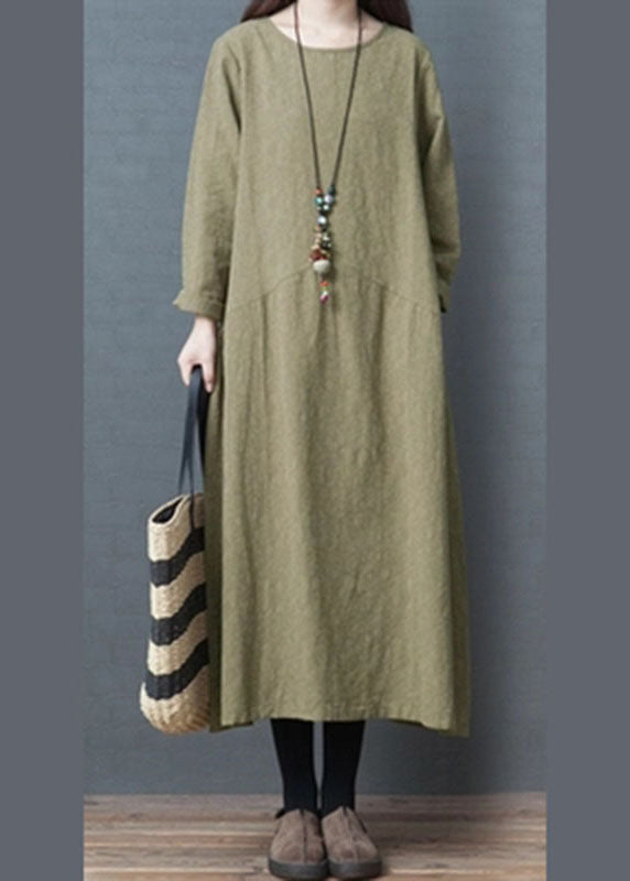 Stylish Green O-neck Patchwork Linen Dresses Spring
